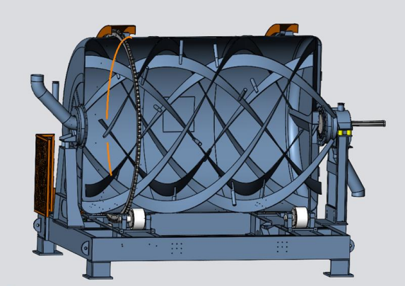 FBM drum cross-section CAD diagram showing forward spiral blades welded to inner wall and hollow reverse spiral blades on spoke frames