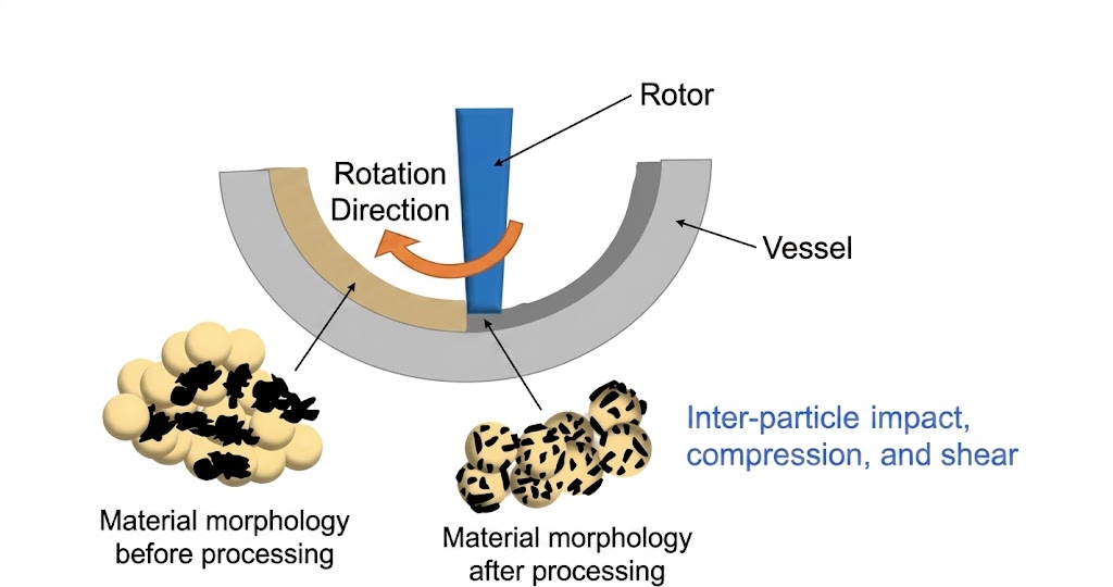 VSH series operating principle diagram showing high-speed rotor, powder circulation path, and dry coating mechanism inside cylindrical chamber