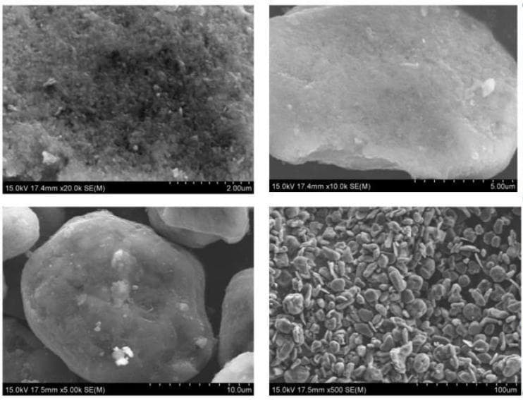 SEM images of anode material sample surface after VCJ pitch coating, showing smooth uniform particle surfaces at multiple magnifications