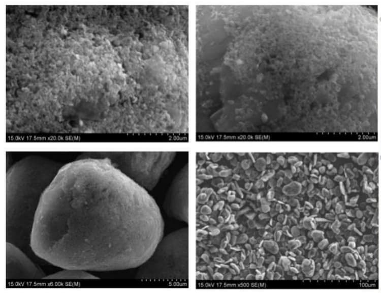SEM images of spray-compounded sample surface showing distributed silicon particles at multiple magnifications